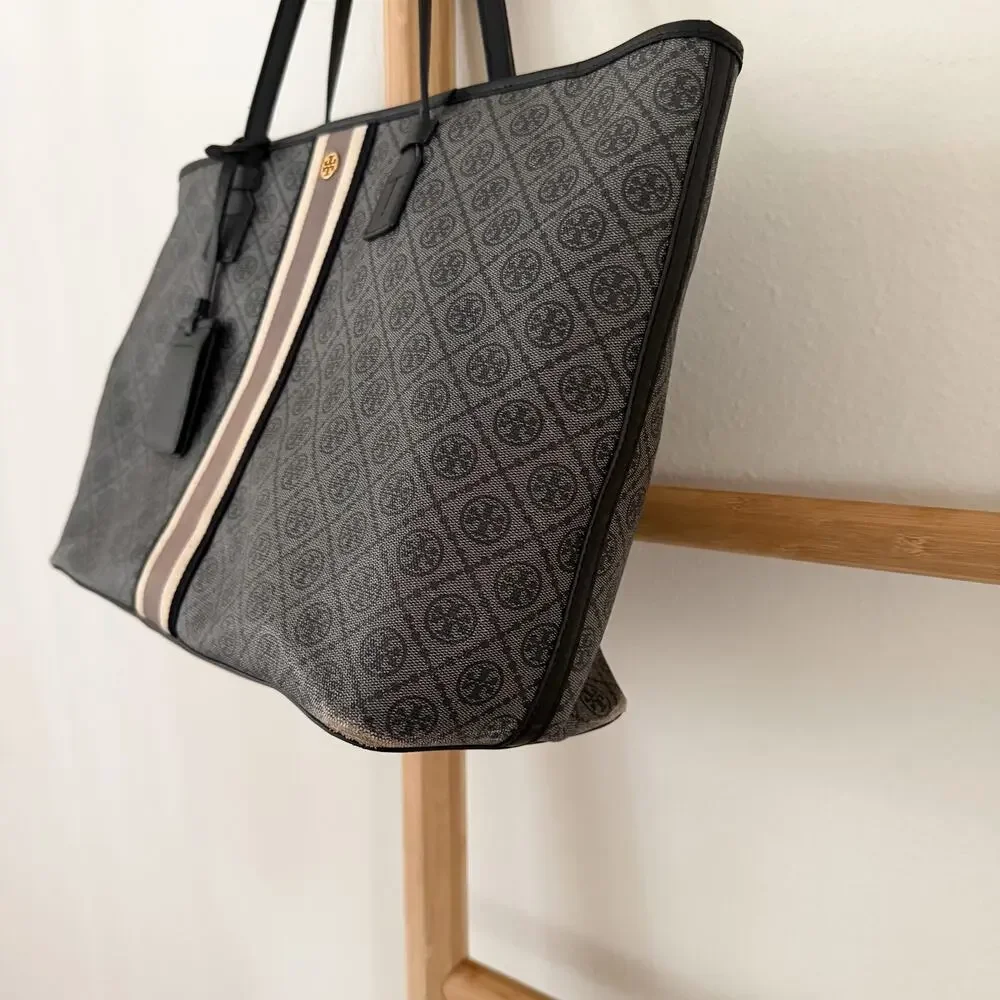 Tory Burch T Monogram Coated Canvas Large Tote Shopper Bag Gray Black Leather